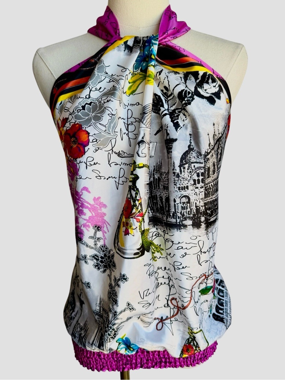 Cache Satin Halter Top Sz L Venice Print Floral Smocked Hem Y2K Cocktail Cruise